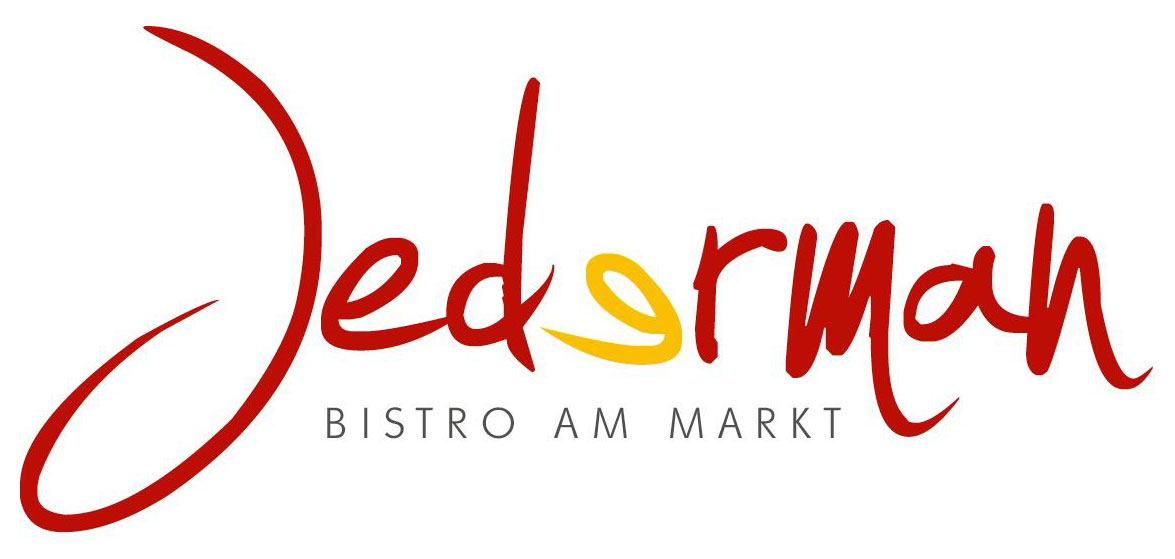 Jederman-Logo in rot-gelber Schreibschrift mit Untertitel „Bistro am Markt“ in Grau.
