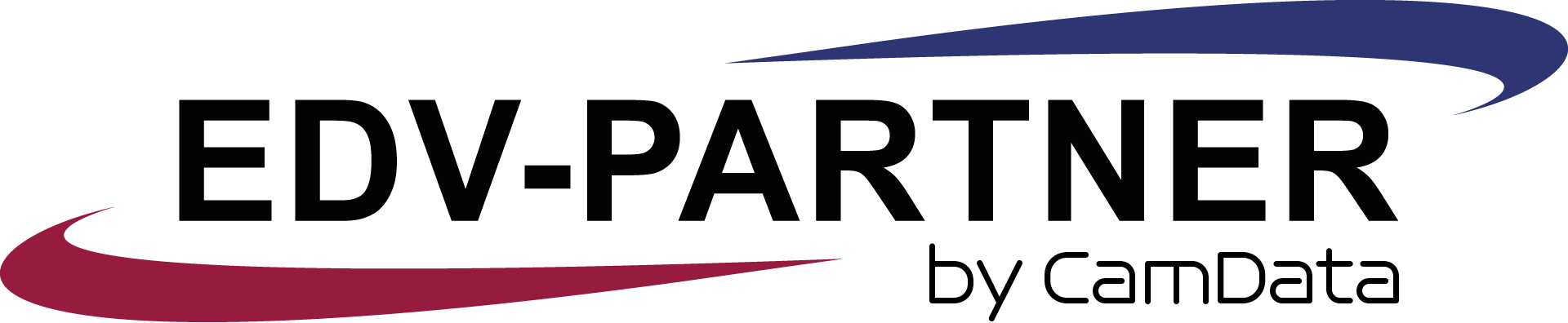Logo von EDV-PARTNER mit schwarzer Schrift und zwei dynamischen roten Schwüngen ober- und unterhalb des Namens.