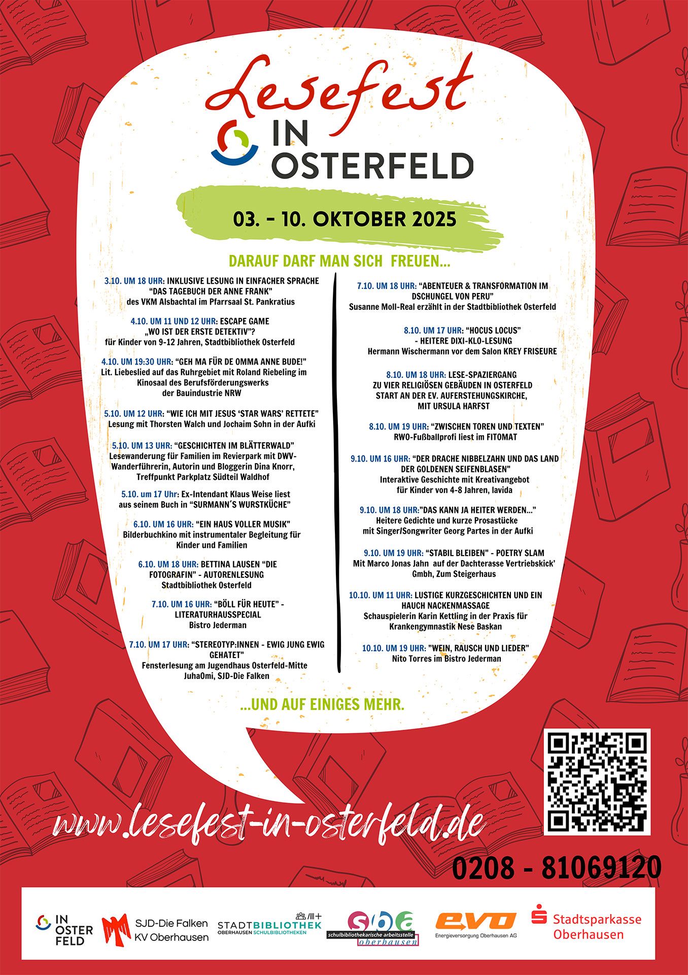 Plakat zum Lesefest in Osterfeld mit Programmpunkten vom 4. bis 12. Oktober, inkl. Lesungen, Aktionen & Familienfest.